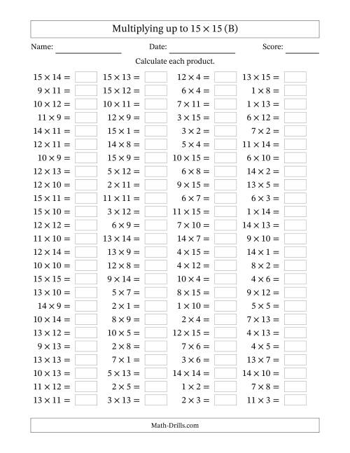 The Horizontally Arranged Multiplying up to 15 × 15 (100 Questions) (B) Math Worksheet