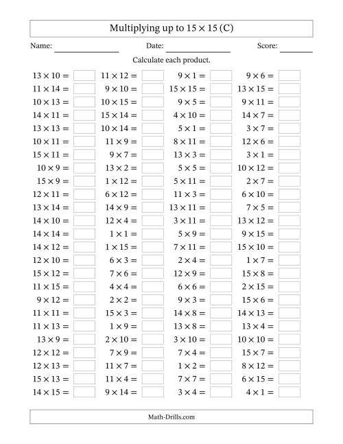 The Horizontally Arranged Multiplying up to 15 × 15 (100 Questions) (C) Math Worksheet