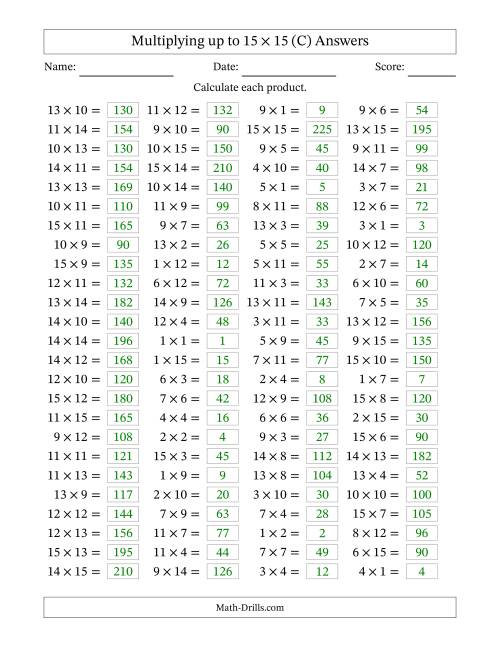 The Horizontally Arranged Multiplying up to 15 × 15 (100 Questions) (C) Math Worksheet Page 2
