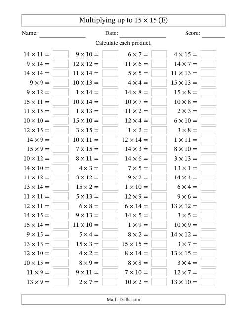 The Horizontally Arranged Multiplying up to 15 × 15 (100 Questions) (E) Math Worksheet