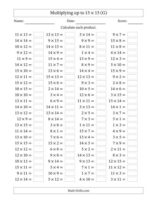 The Horizontally Arranged Multiplying up to 15 × 15 (100 Questions) (G) Math Worksheet