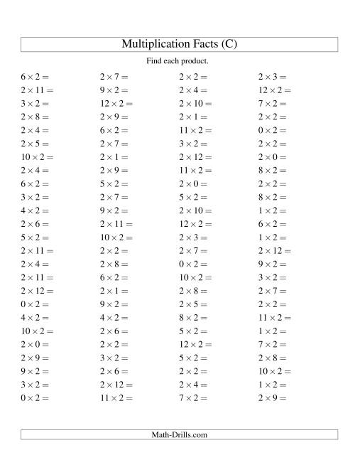 The 100 Horizontal Questions -- 2 by 0-12 (C) Math Worksheet