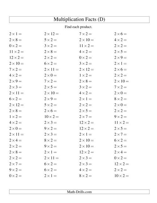 The 100 Horizontal Questions -- 2 by 0-12 (D) Math Worksheet