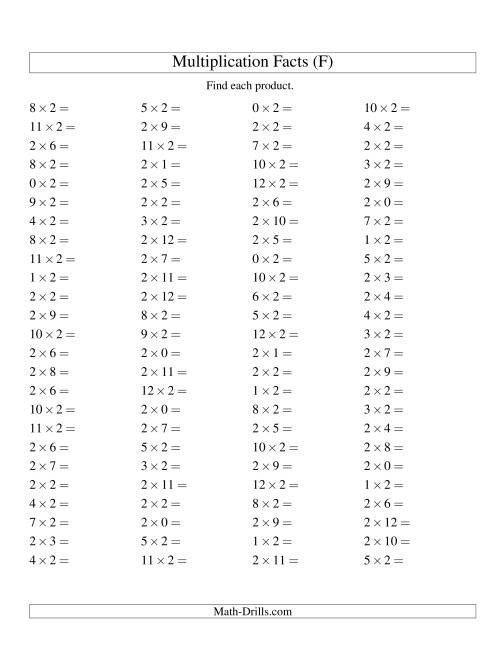 The 100 Horizontal Questions -- 2 by 0-12 (F) Math Worksheet