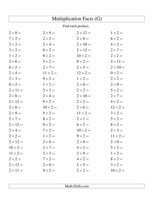 The 100 Horizontal Questions -- 2 by 0-12 (G) Math Worksheet