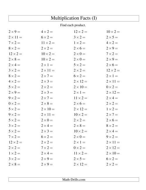 The 100 Horizontal Questions -- 2 by 0-12 (I) Math Worksheet