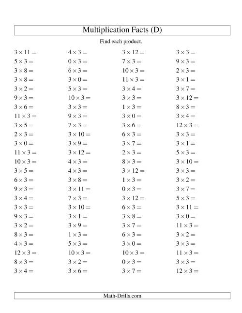 The 100 Horizontal Questions -- 3 by 0-12 (D) Math Worksheet