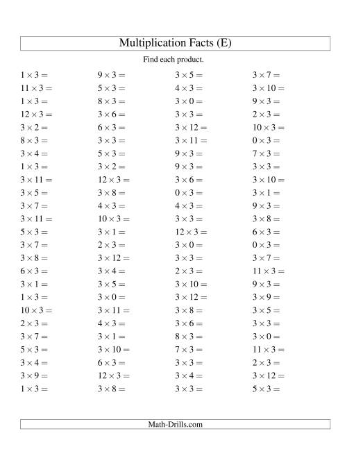 The 100 Horizontal Questions -- 3 by 0-12 (E) Math Worksheet