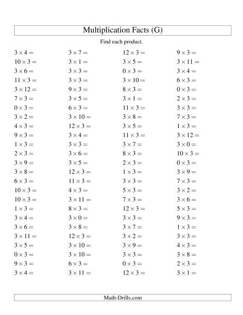 The 100 Horizontal Questions -- 3 by 0-12 (G) Math Worksheet