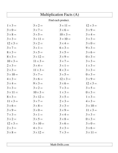 The 100 Horizontal Questions -- 3 by 0-12 (All) Math Worksheet