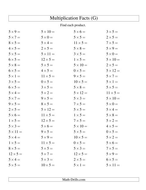 The 100 Horizontal Questions -- 5 by 0-12 (G) Math Worksheet