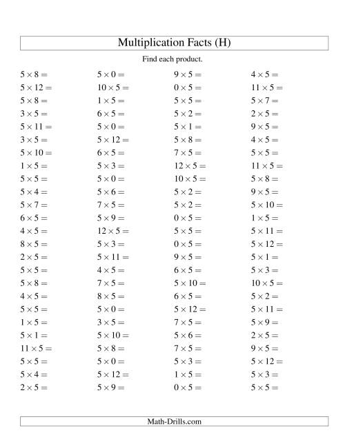 The 100 Horizontal Questions -- 5 by 0-12 (H) Math Worksheet