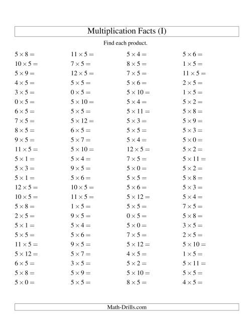 The 100 Horizontal Questions -- 5 by 0-12 (I) Math Worksheet