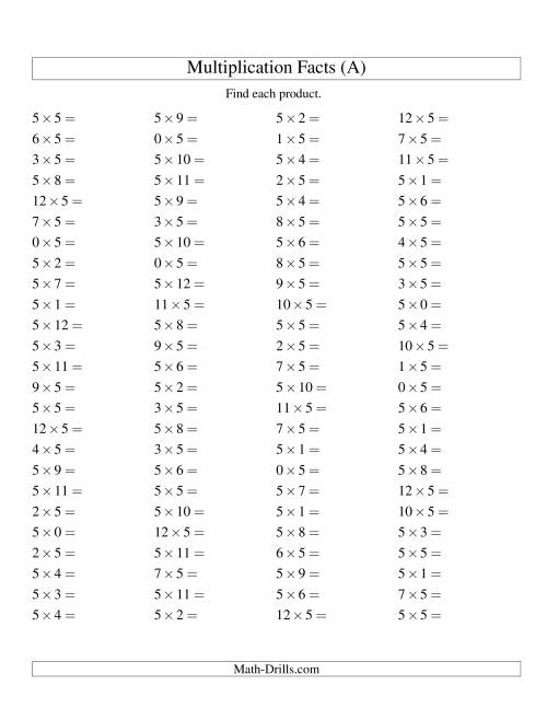 The 100 Horizontal Questions -- 5 by 0-12 (All) Math Worksheet