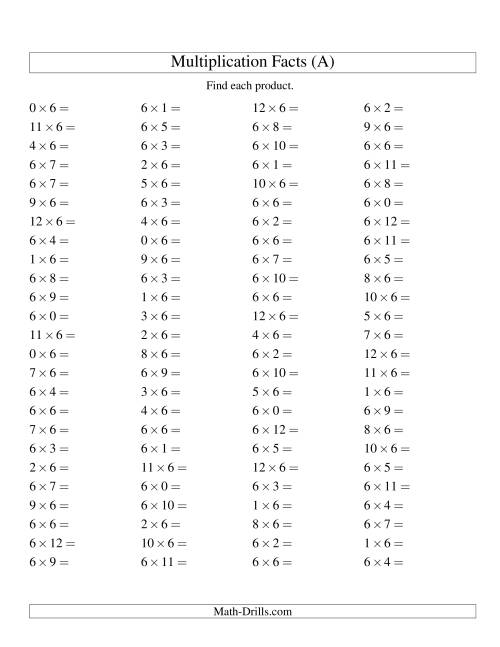 The 100 Horizontal Questions -- 6 by 0-12 (A) Math Worksheet