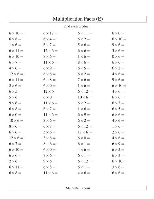 The 100 Horizontal Questions -- 6 by 0-12 (E) Math Worksheet