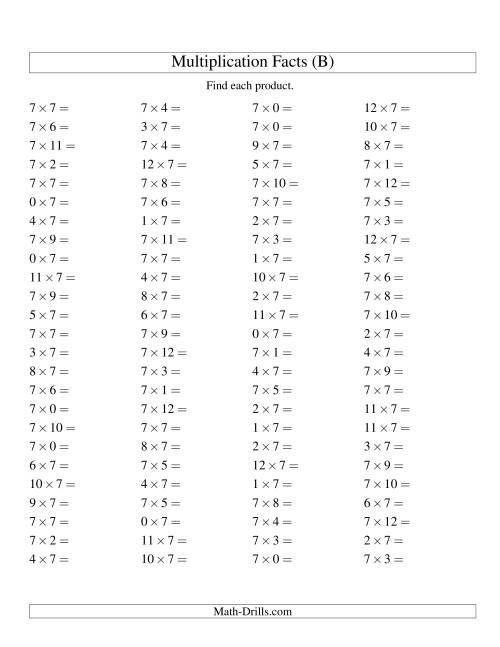 The 100 Horizontal Questions -- 7 by 0-12 (B) Math Worksheet