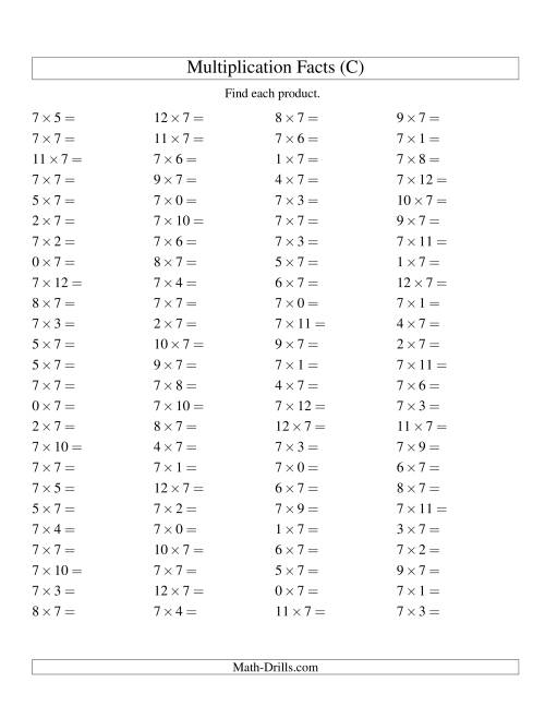 The 100 Horizontal Questions -- 7 by 0-12 (C) Math Worksheet