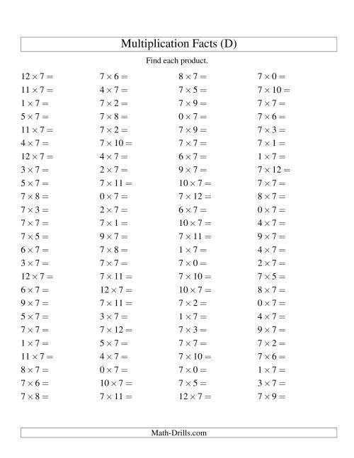 The 100 Horizontal Questions -- 7 by 0-12 (D) Math Worksheet