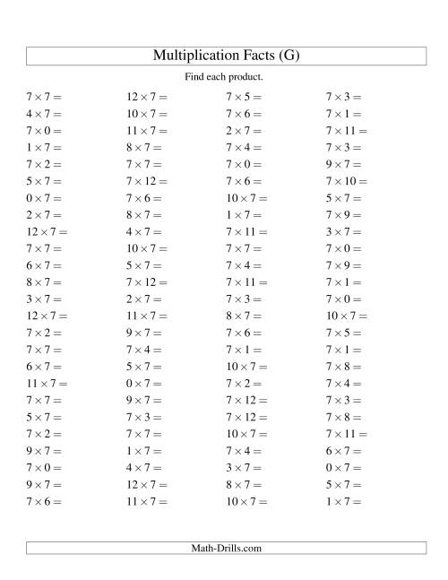 The 100 Horizontal Questions -- 7 by 0-12 (G) Math Worksheet
