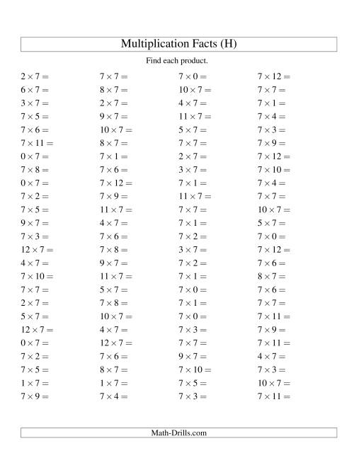 The 100 Horizontal Questions -- 7 by 0-12 (H) Math Worksheet