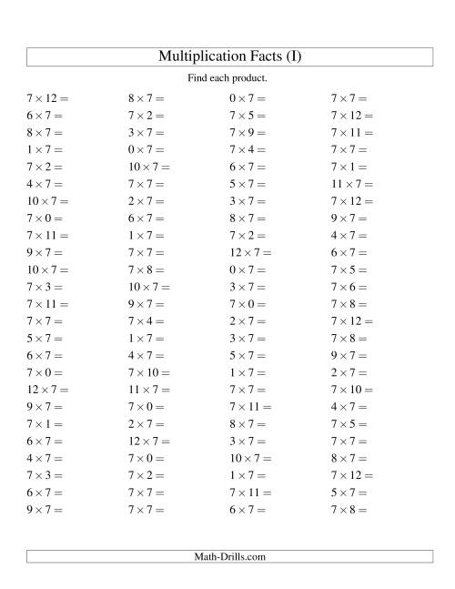 The 100 Horizontal Questions -- 7 by 0-12 (I) Math Worksheet