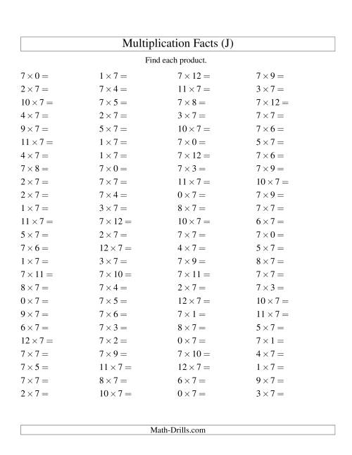 The 100 Horizontal Questions -- 7 by 0-12 (J) Math Worksheet