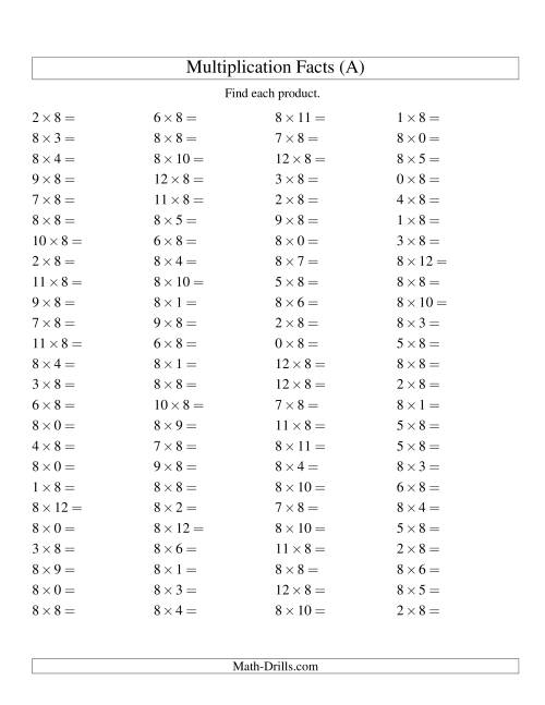 The 100 Horizontal Questions -- 8 by 0-12 (A) Math Worksheet