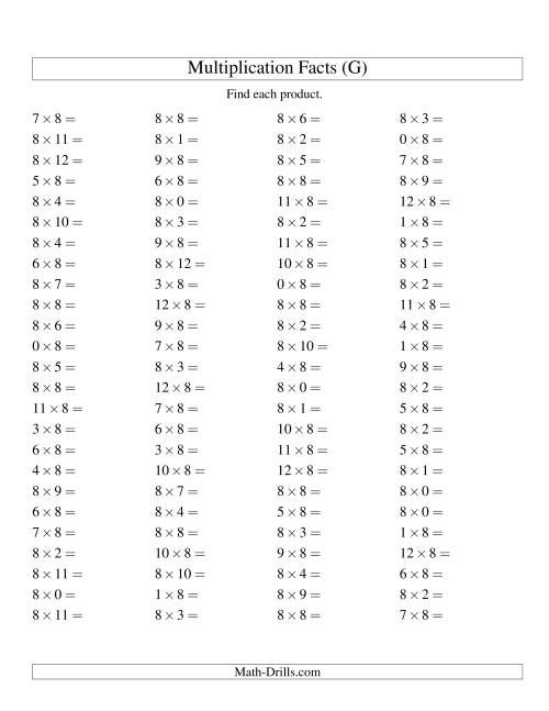 The 100 Horizontal Questions -- 8 by 0-12 (G) Math Worksheet