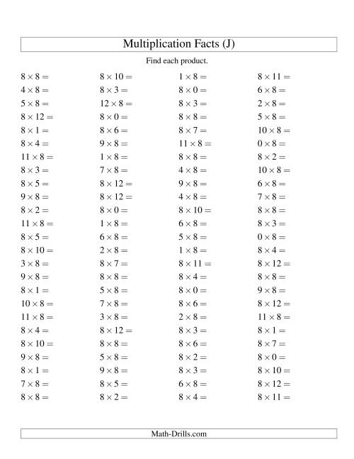 The 100 Horizontal Questions -- 8 by 0-12 (J) Math Worksheet