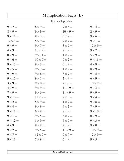 The 100 Horizontal Questions -- 9 by 0-12 (E) Math Worksheet