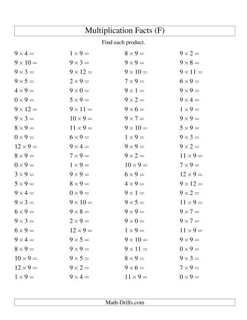 The 100 Horizontal Questions -- 9 by 0-12 (F) Math Worksheet