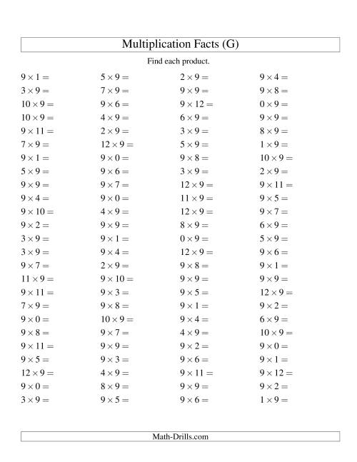 The 100 Horizontal Questions -- 9 by 0-12 (G) Math Worksheet