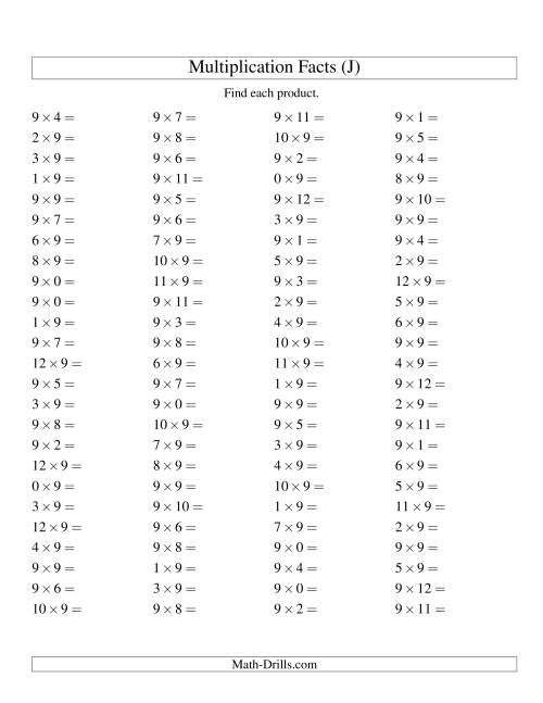 The 100 Horizontal Questions -- 9 by 0-12 (J) Math Worksheet