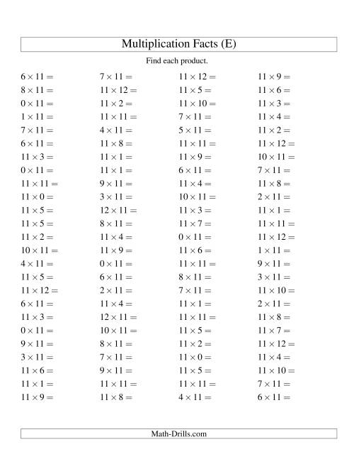 The 100 Horizontal Questions -- 11 by 0-12 (E) Math Worksheet