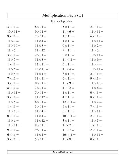 The 100 Horizontal Questions -- 11 by 0-12 (G) Math Worksheet