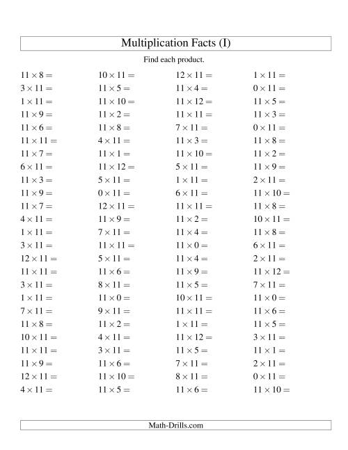 The 100 Horizontal Questions -- 11 by 0-12 (I) Math Worksheet