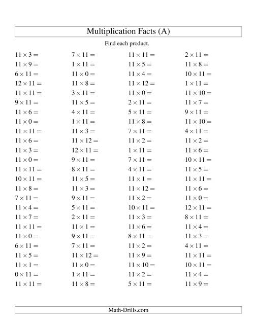 The 100 Horizontal Questions -- 11 by 0-12 (All) Math Worksheet