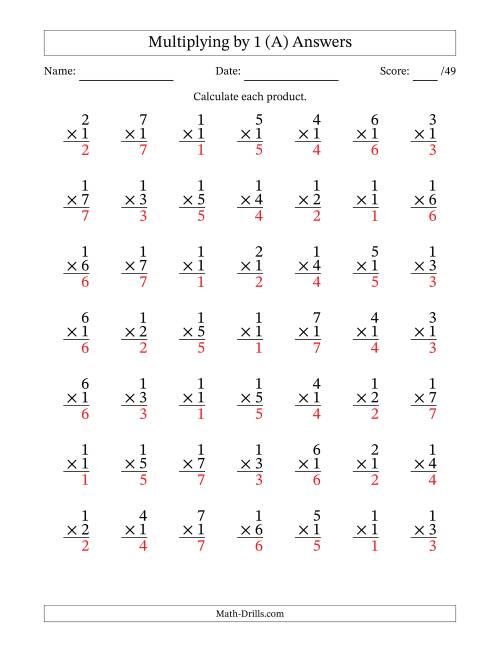 The Multiplying (1 to 7) by 1 (49 Questions) (A) Math Worksheet Page 2