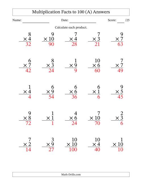 The Multiplication Facts to 100 (25 Questions) (No Zeros) (A) Math Worksheet Page 2