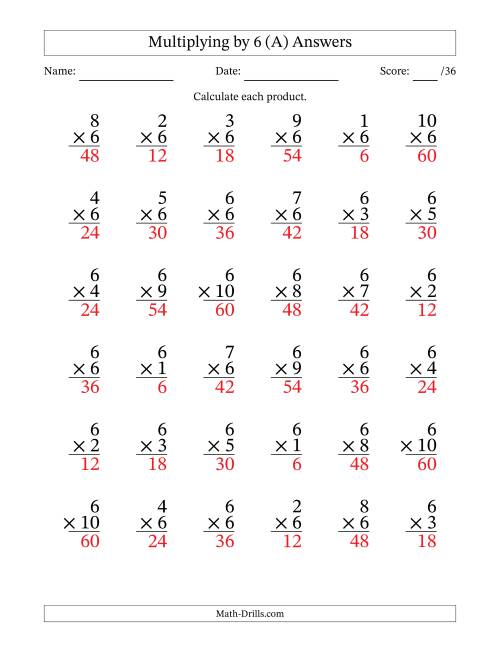 The Multiplying (1 to 10) by 6 (36 Questions) (A) Math Worksheet Page 2