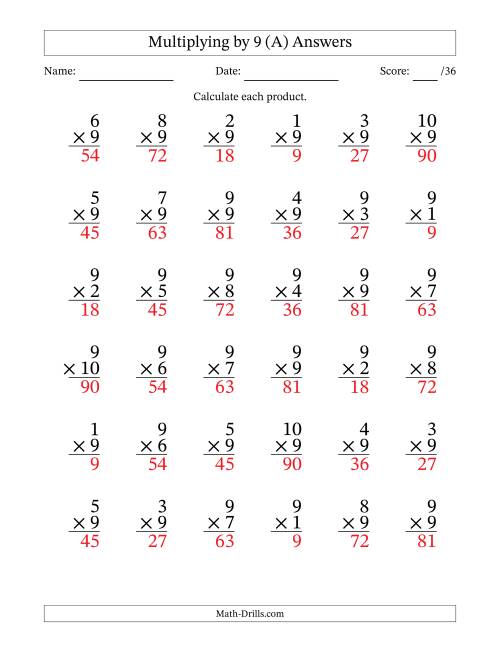 The Multiplying (1 to 10) by 9 (36 Questions) (A) Math Worksheet Page 2
