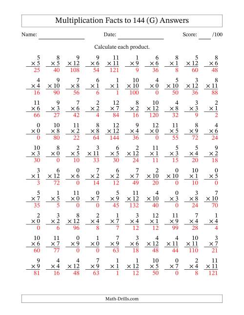 The Multiplication Facts to 144 (100 Questions) (With Zeros) (G) Math Worksheet Page 2
