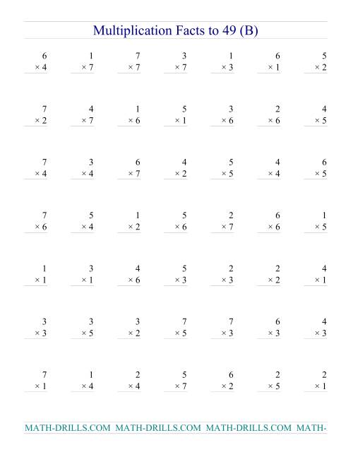 The Multiplication Facts to 49 (no zeros) (B) Math Worksheet