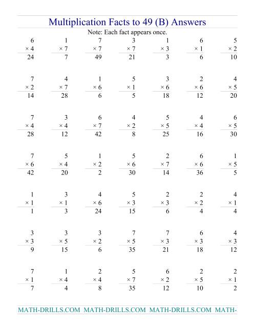 The Multiplication Facts to 49 (no zeros) (B) Math Worksheet Page 2