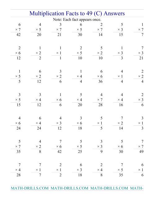 The Multiplication Facts to 49 (no zeros) (C) Math Worksheet Page 2