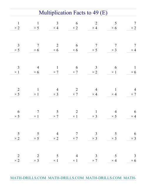 The Multiplication Facts to 49 (no zeros) (E) Math Worksheet