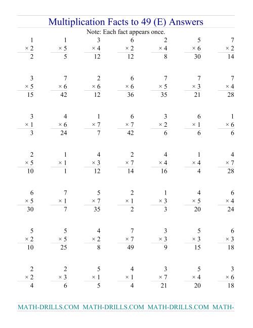 The Multiplication Facts to 49 (no zeros) (E) Math Worksheet Page 2
