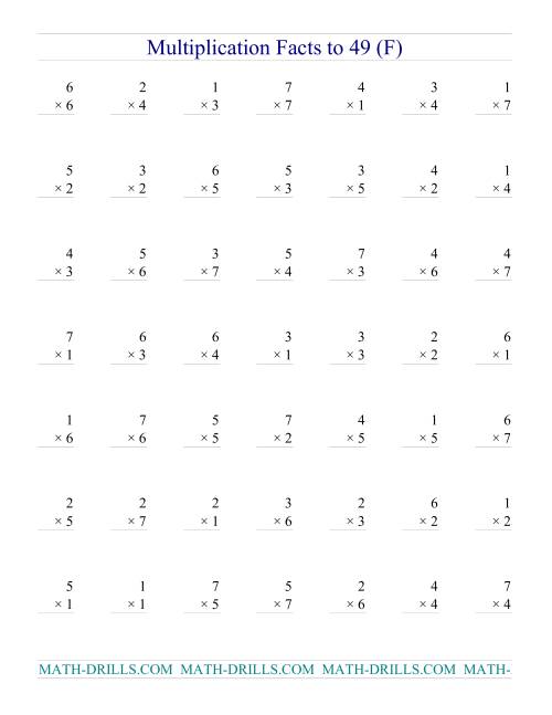 The Multiplication Facts to 49 (no zeros) (F) Math Worksheet