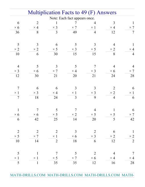 The Multiplication Facts to 49 (no zeros) (F) Math Worksheet Page 2
